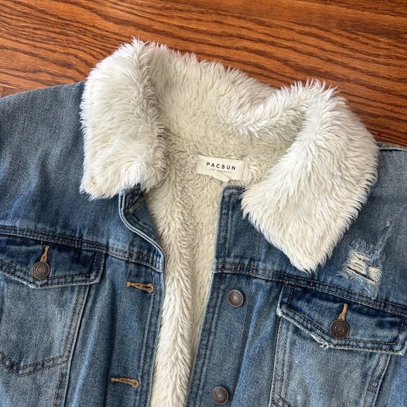 Pacsun Sherpa Denim  Trucker Jacket Fleece Lined Size Large Distressed - Picture 3 of 12